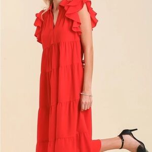 Red Ruffle Sleeve Midi Dress | Tiered A-Line Summer Party Dress Size L